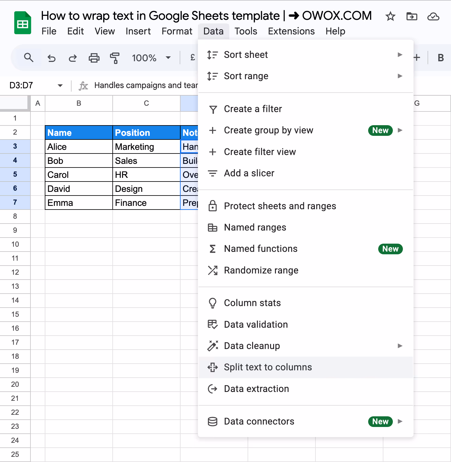 Selecting the Split Text to Columns option from the Data menu in Google Sheets to wrap text. i-border