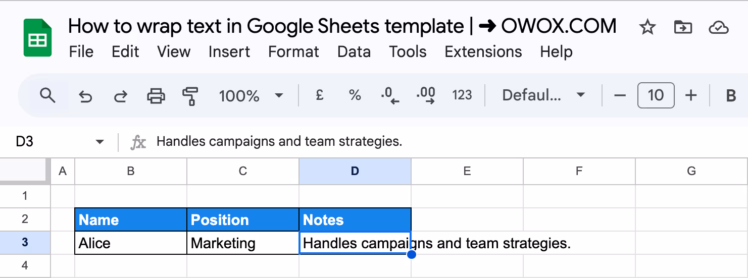 Selecting the cell in Google Sheets to apply text wrapping using a keyboard shortcut. i-border