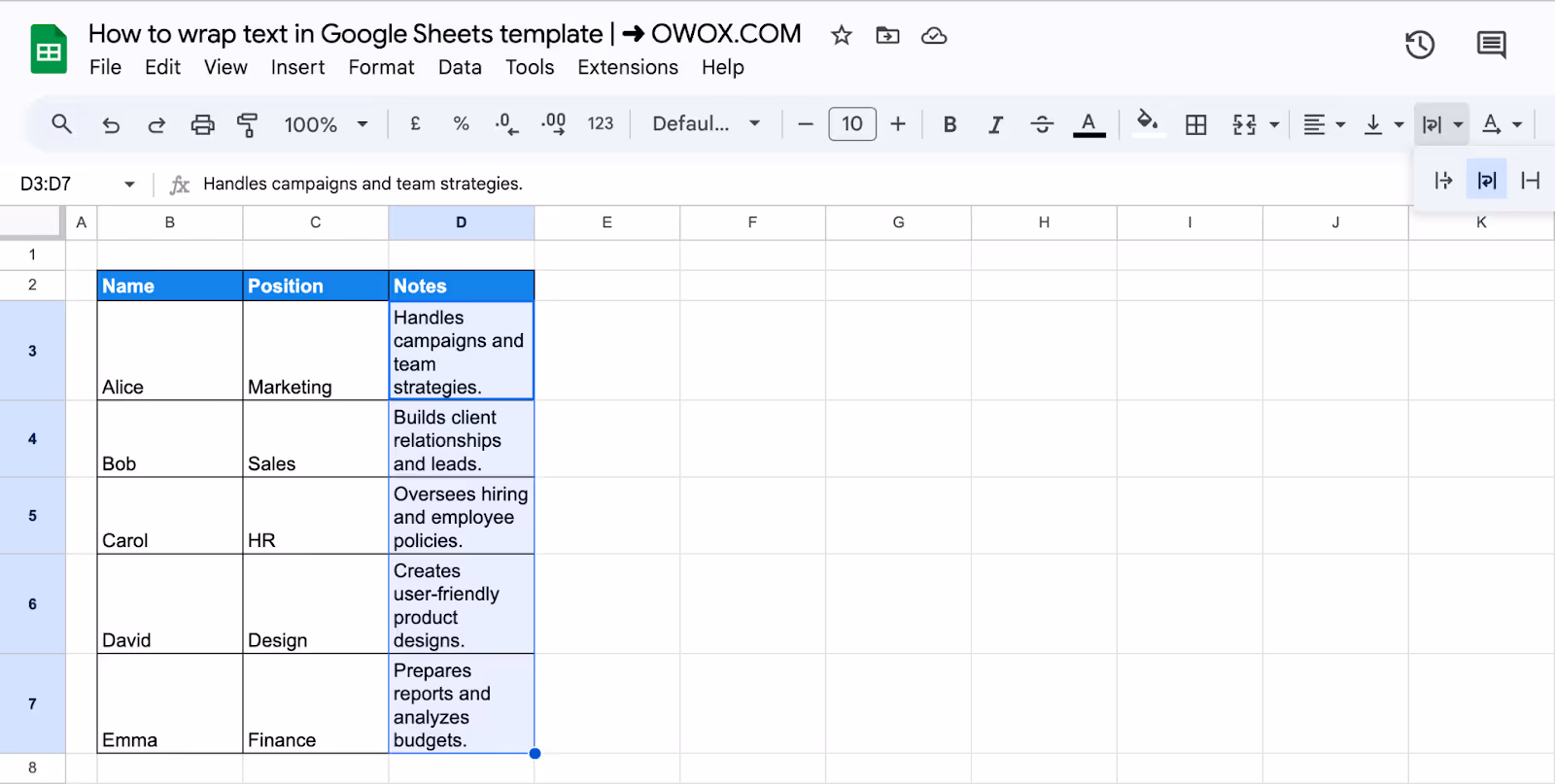 Selecting the Wrap option from the toolbar in Google Sheets to enable text wrapping for selected cells. i-border
