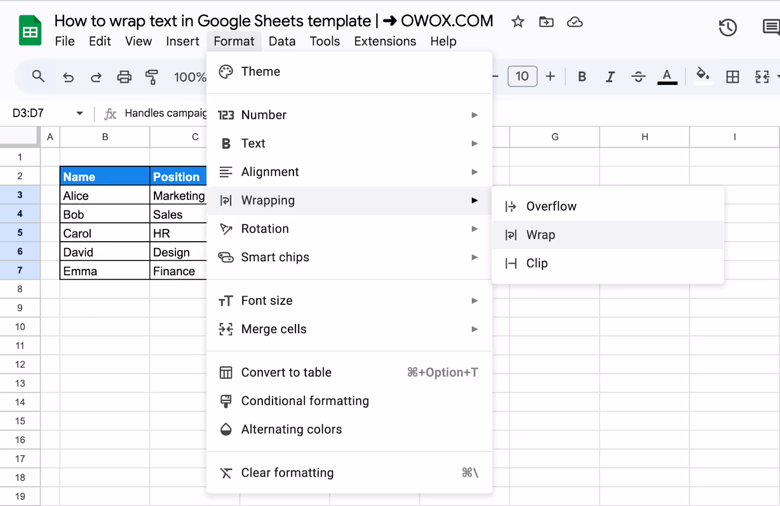 Select the Text Wrapping option from the Format menu in Google Sheets to enable text wrapping for selected cells. i-border