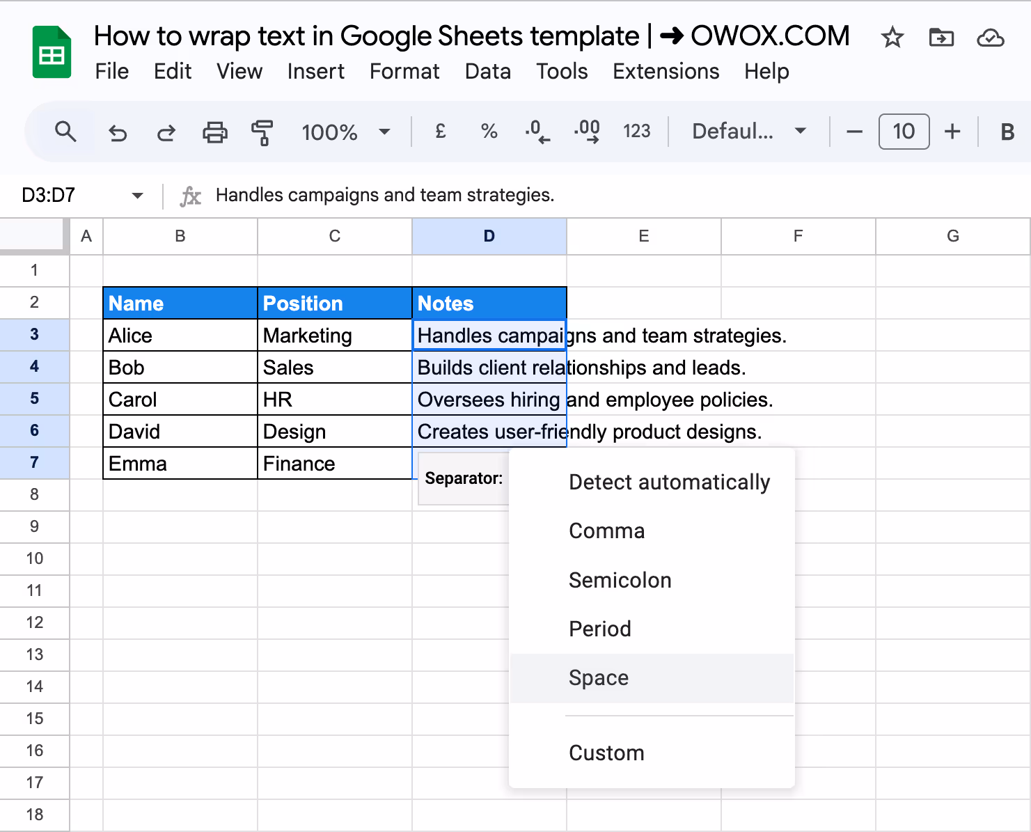 Picking a separator to split text into columns in Google Sheets to wrap text. i-border