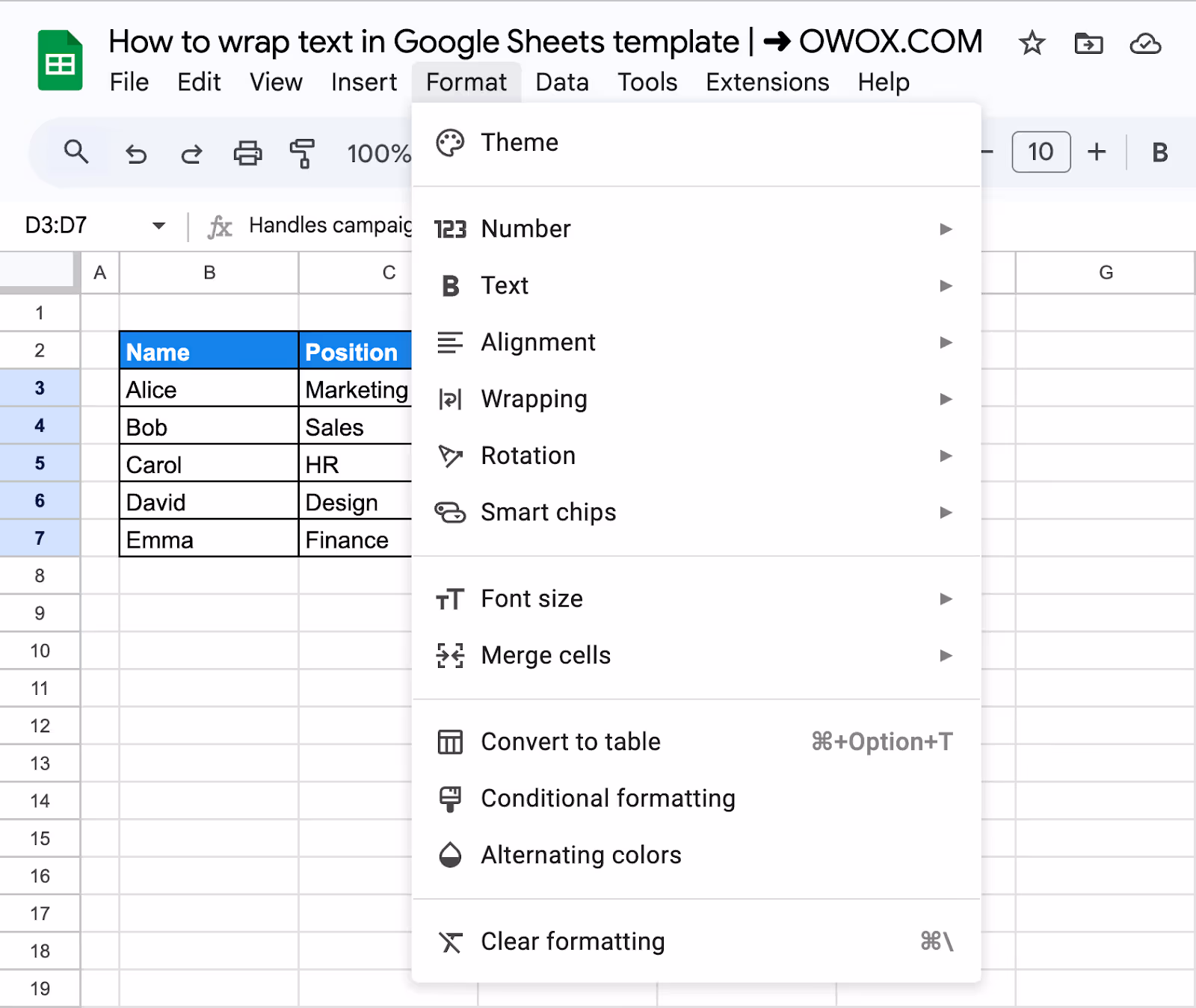 Opening the Format menu in Google Sheets to access text wrapping options. i-border