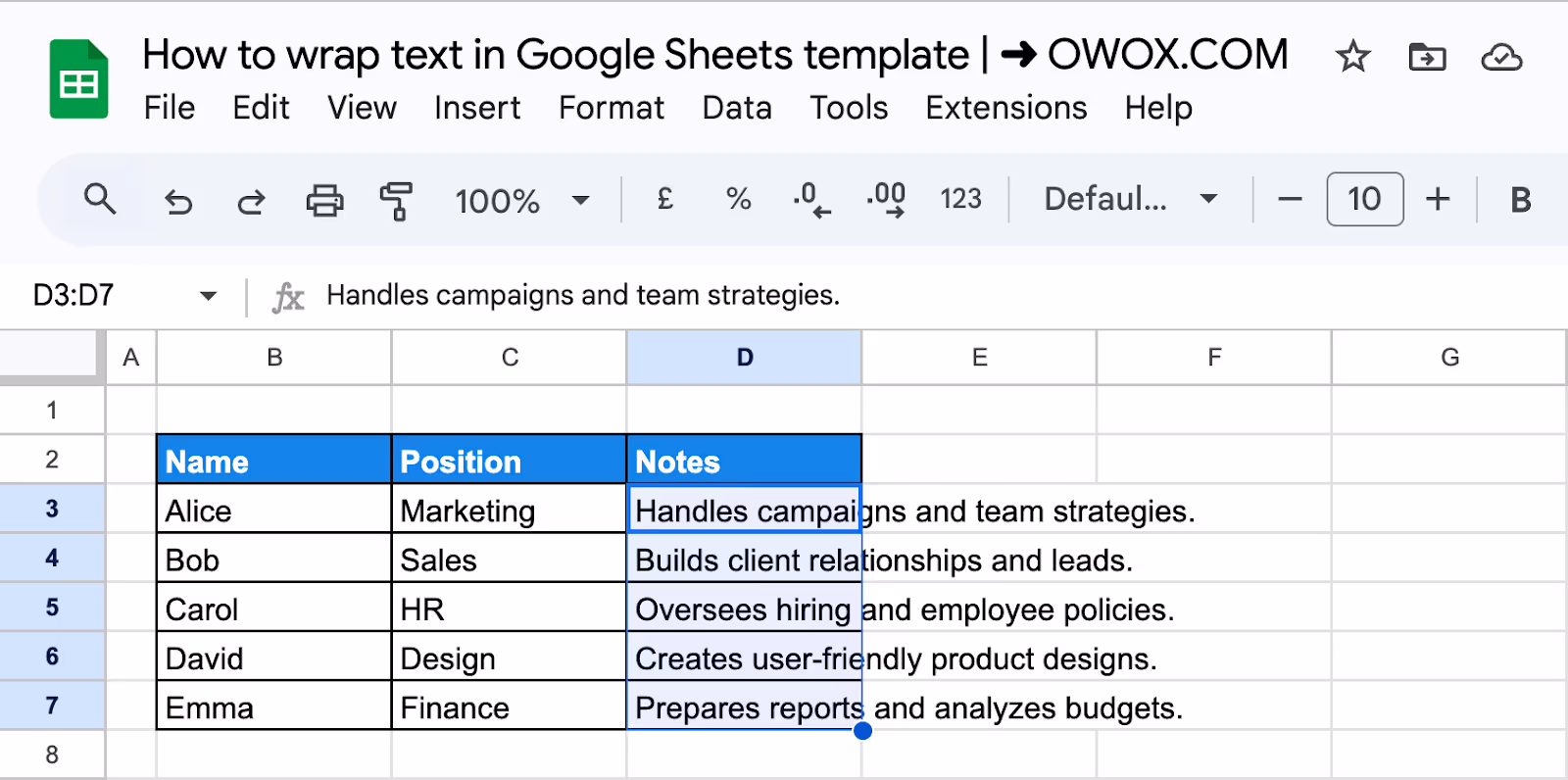 Selecting text in Google Sheets that needs to be wrapped for improved data visibility. i-border