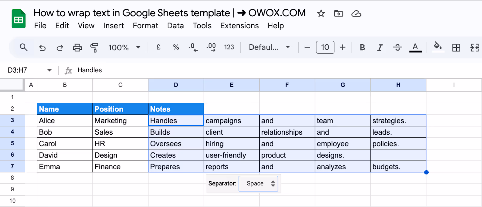 Showing text split into multiple columns using the Text to Columns feature in Google Sheets for wrapping text. i-border