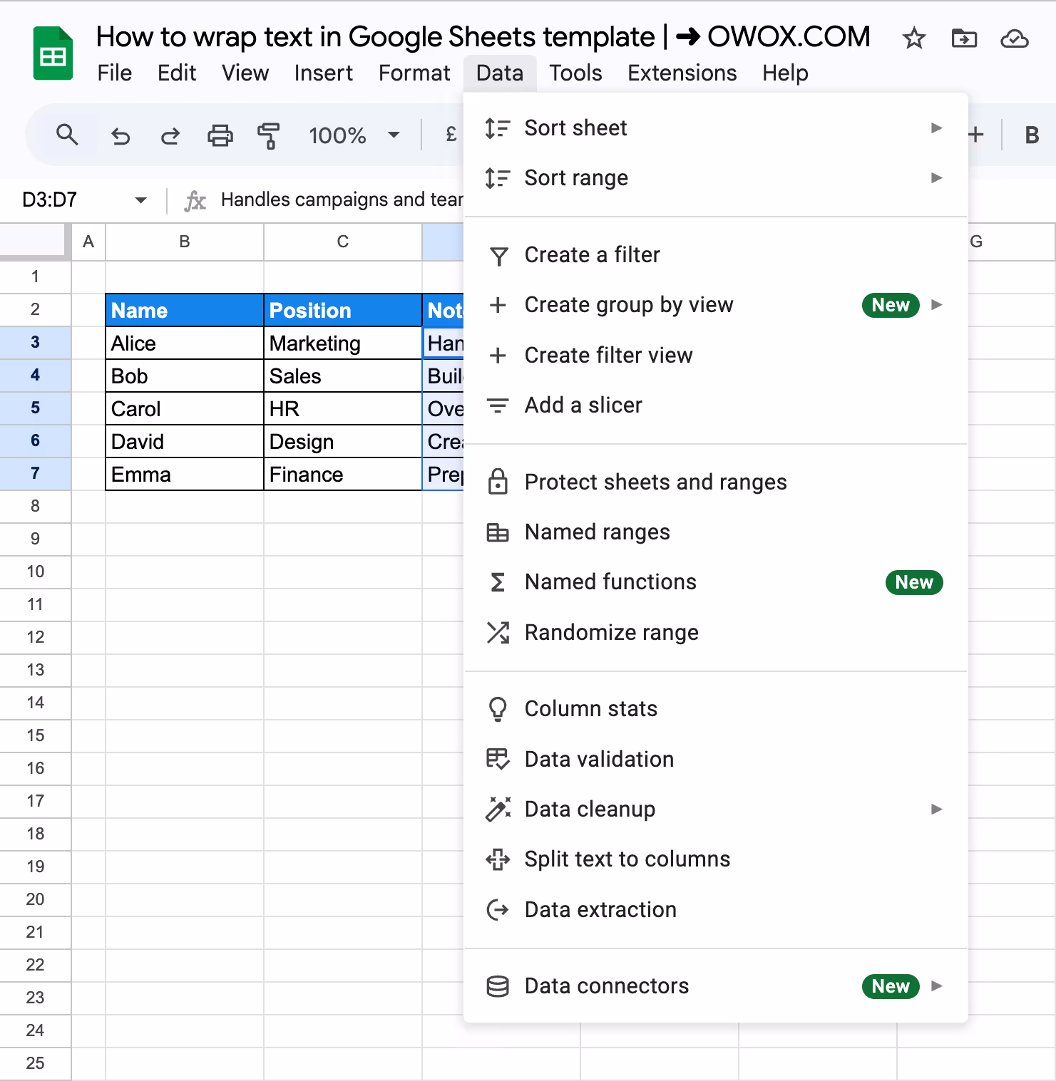 Opening the Data menu in Google Sheets to access the Split Text to Columns option to wrap text. i-border