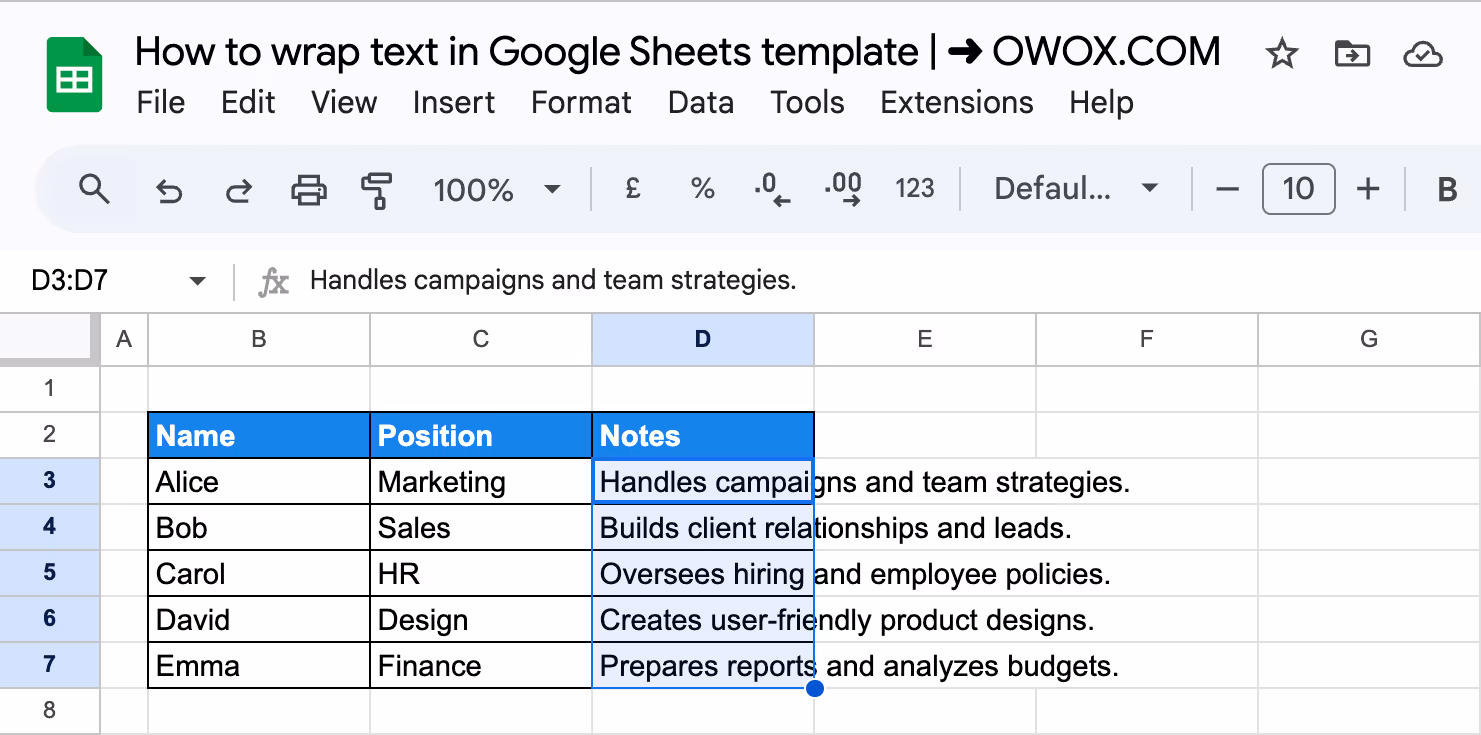 Highlighting cells with text to be split into columns using the Text to Columns feature in Google Sheets to wrap text. i-border