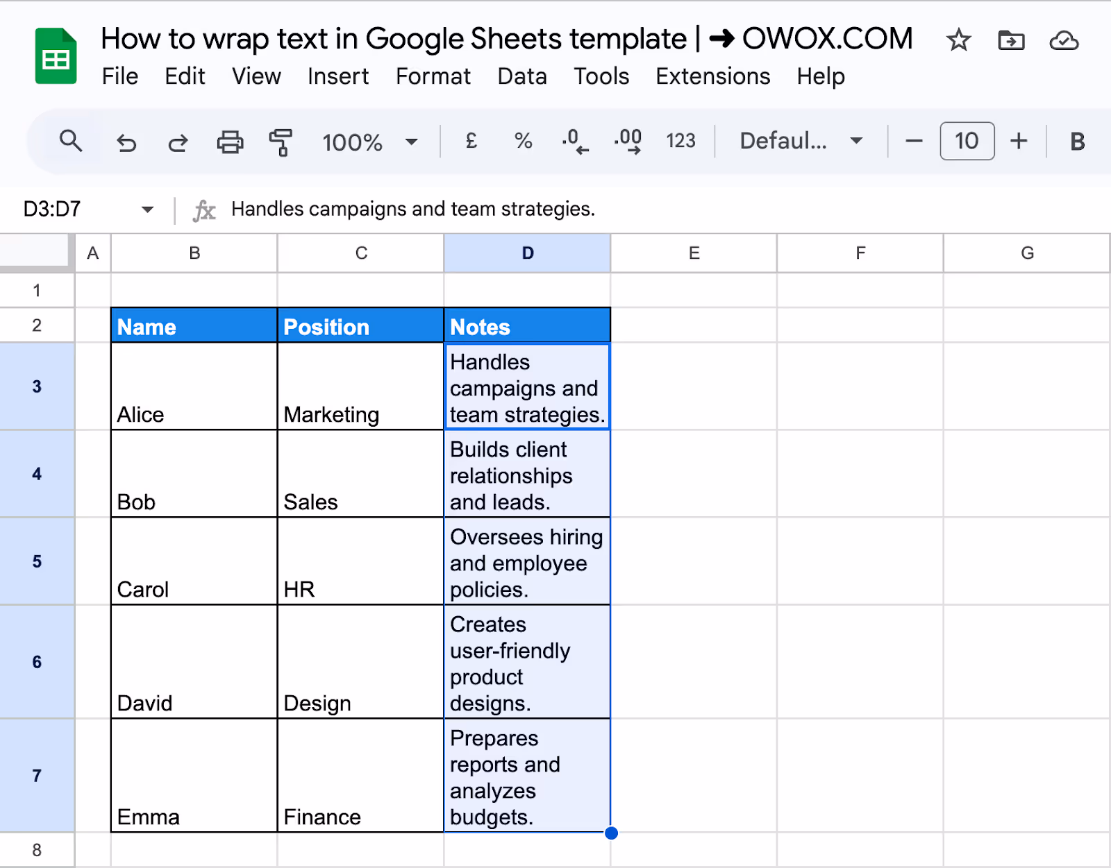 Applying the Wrap option in Google Sheets to format selected cells with neatly wrapped text. i-border