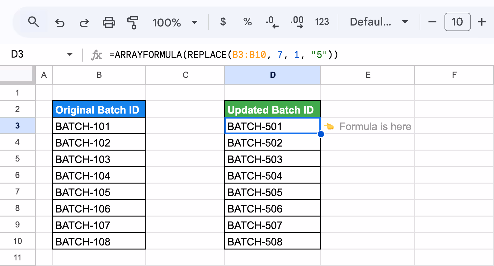 Using ARRAYFORMULA with the REPLACE function in Google Sheets to create a new batch of IDs in bulk. i-border