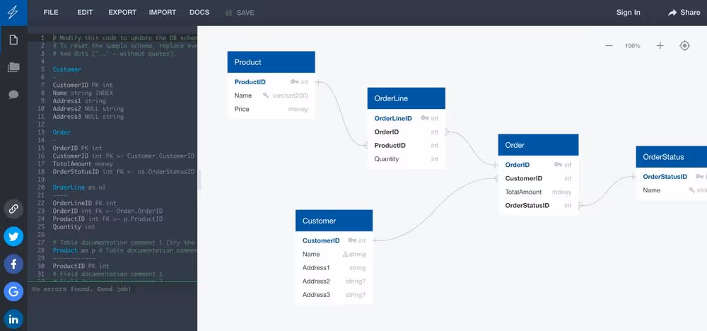 	QuickDBD interface showing product, order, and customer table connections. i-shadow