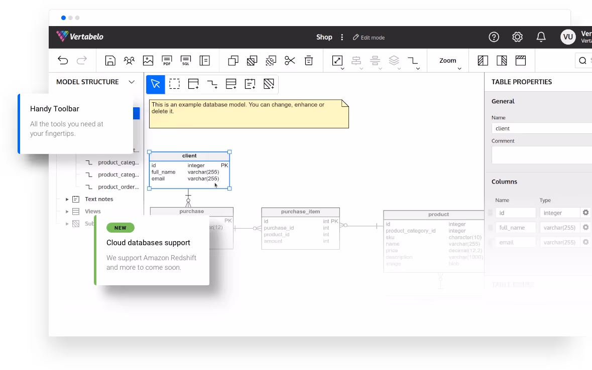 Vertabelo interface displaying a client table with related entities and detailed table properties.