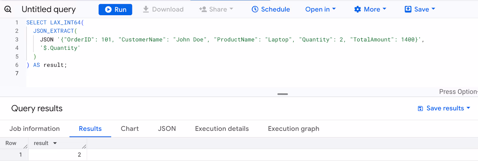 Converting the Quantity field from a JSON object to an INT64 value using the LAX_INT64 function in BigQuery. i-shadow