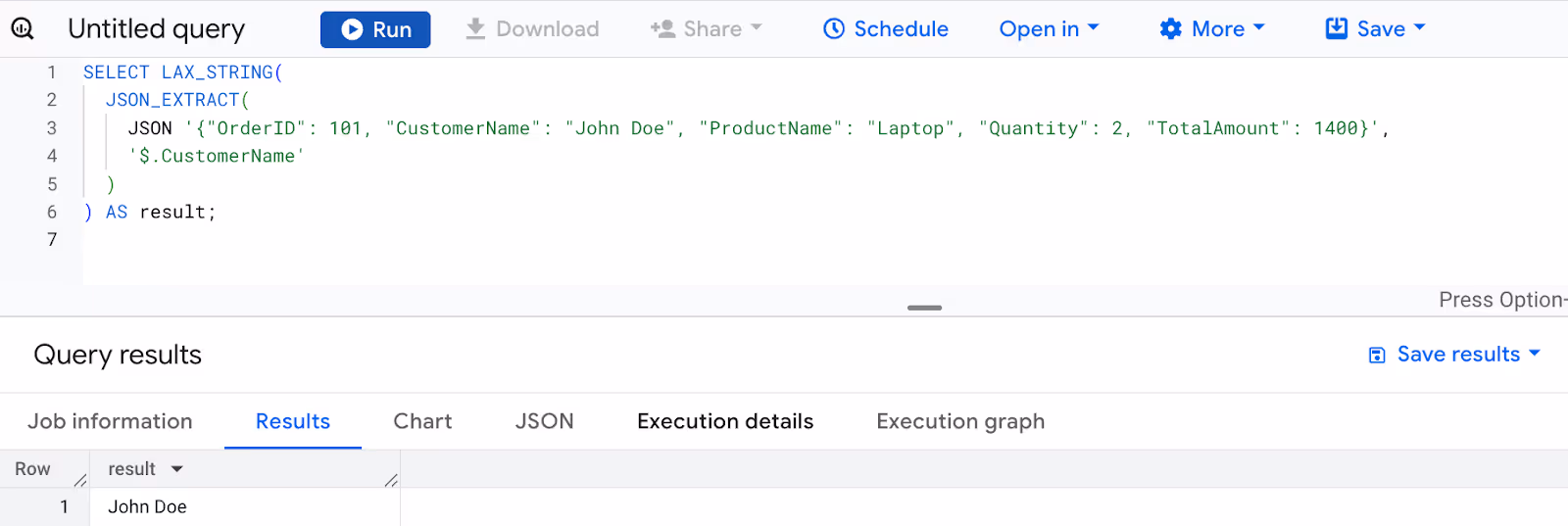 Converting the ProductName field from a JSON object to a SQL string using the LAX_STRING function in BigQuery. i-shadow