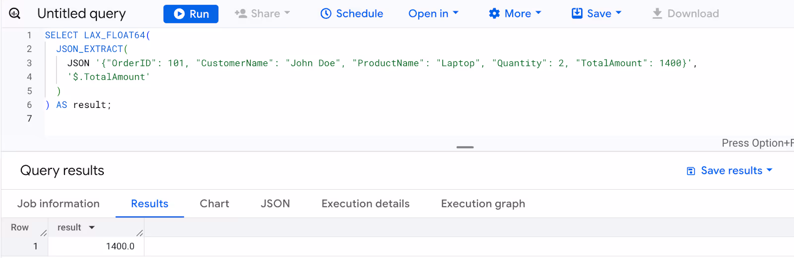  Converting the TotalAmount field from a JSON object to a FLOAT64 value using the LAX_FLOAT64 function in BigQuery. i-shadow