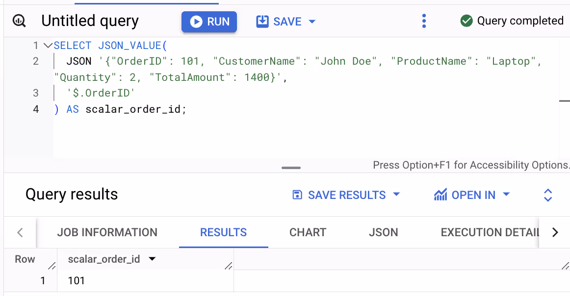 Extracting the scalar OrderID value from a JSON string with the JSON_VALUE function in BigQuery. i-shadow