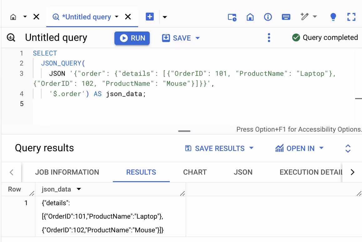 Extracting the "order" object from a JSON string using the JSON_QUERY function in BigQuery. i-shadow