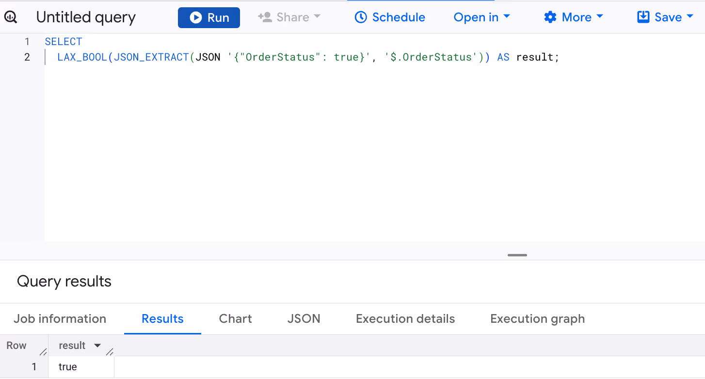 Converting the OrderStatus field from a JSON object to a boolean value using the LAX_BOOL function in BigQuery. i-shadow
