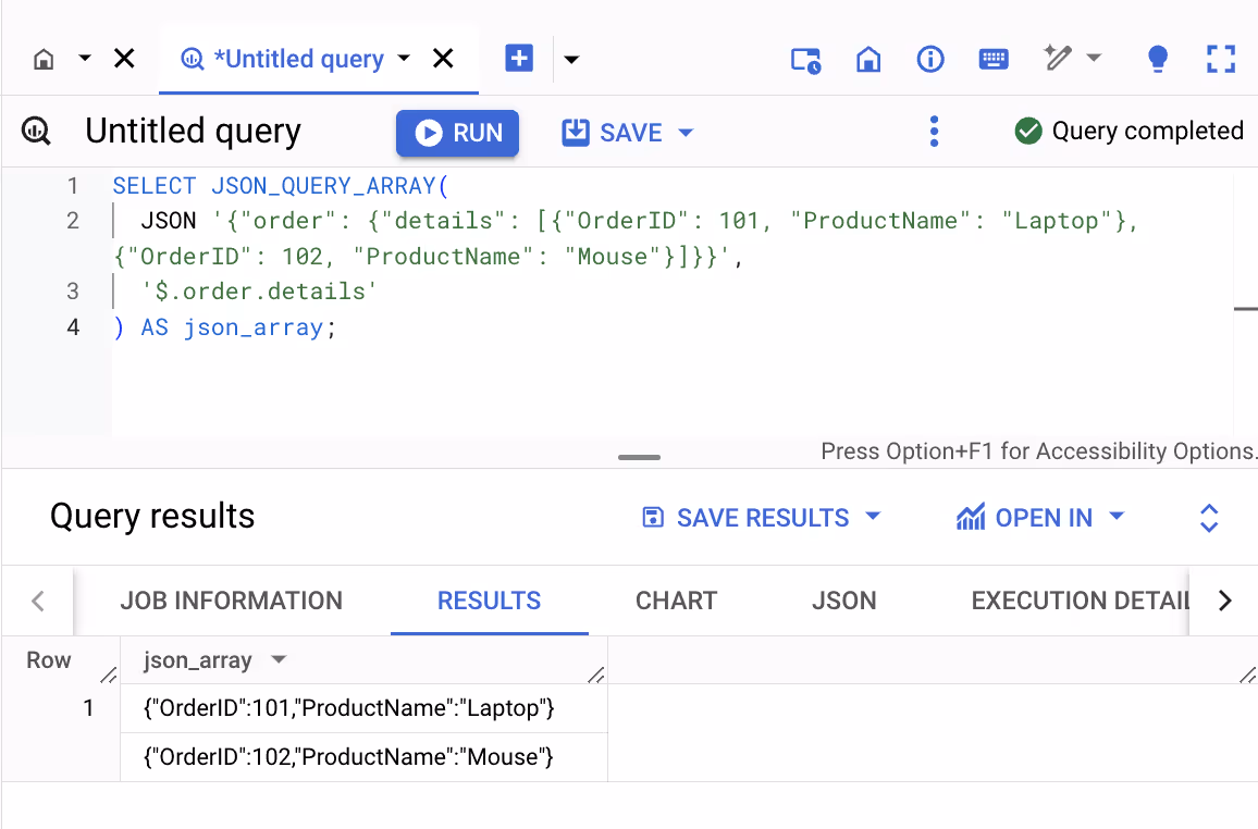 Retrieving an array of product details from a JSON string using the JSON_QUERY_ARRAY function in BigQuery. i-shadow
