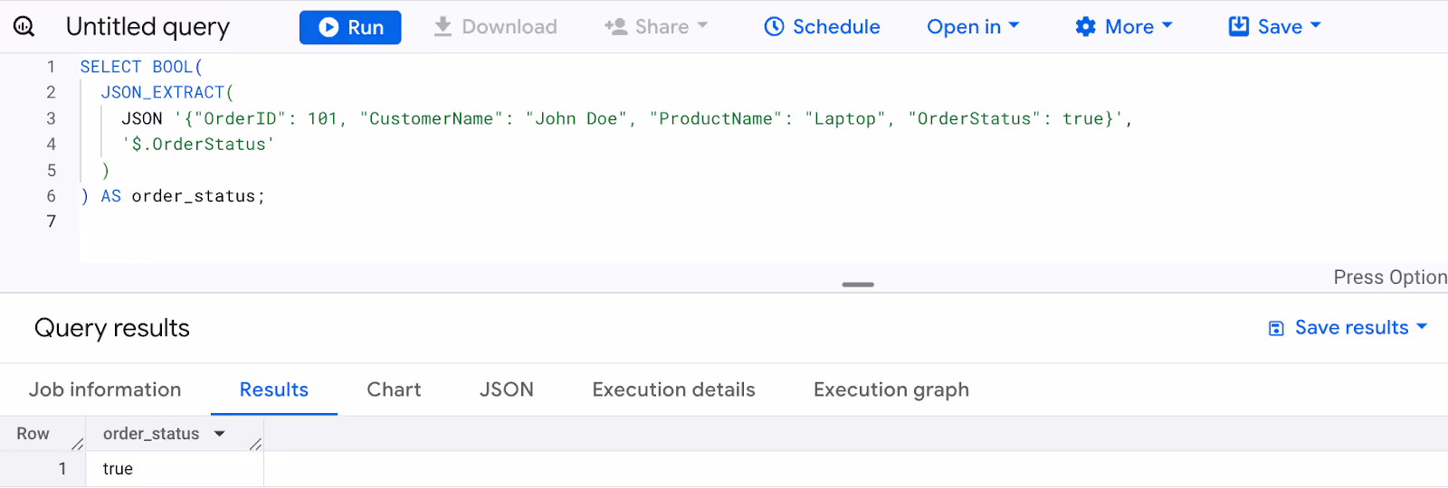 Converting the OrderStatus field in a JSON object to a boolean value using the BOOL function in BigQuery. i-shadow