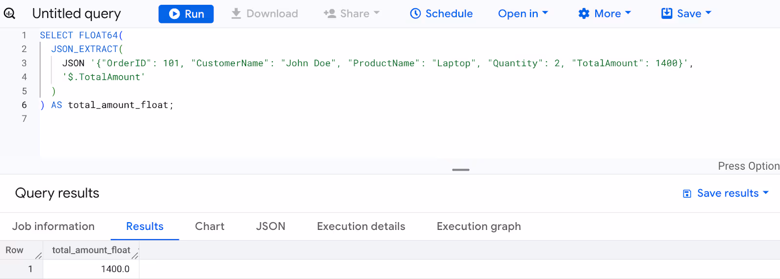 Converting the TotalAmount field from a JSON object to a FLOAT64 value using the FLOAT64 function in BigQuery. i-shadow
