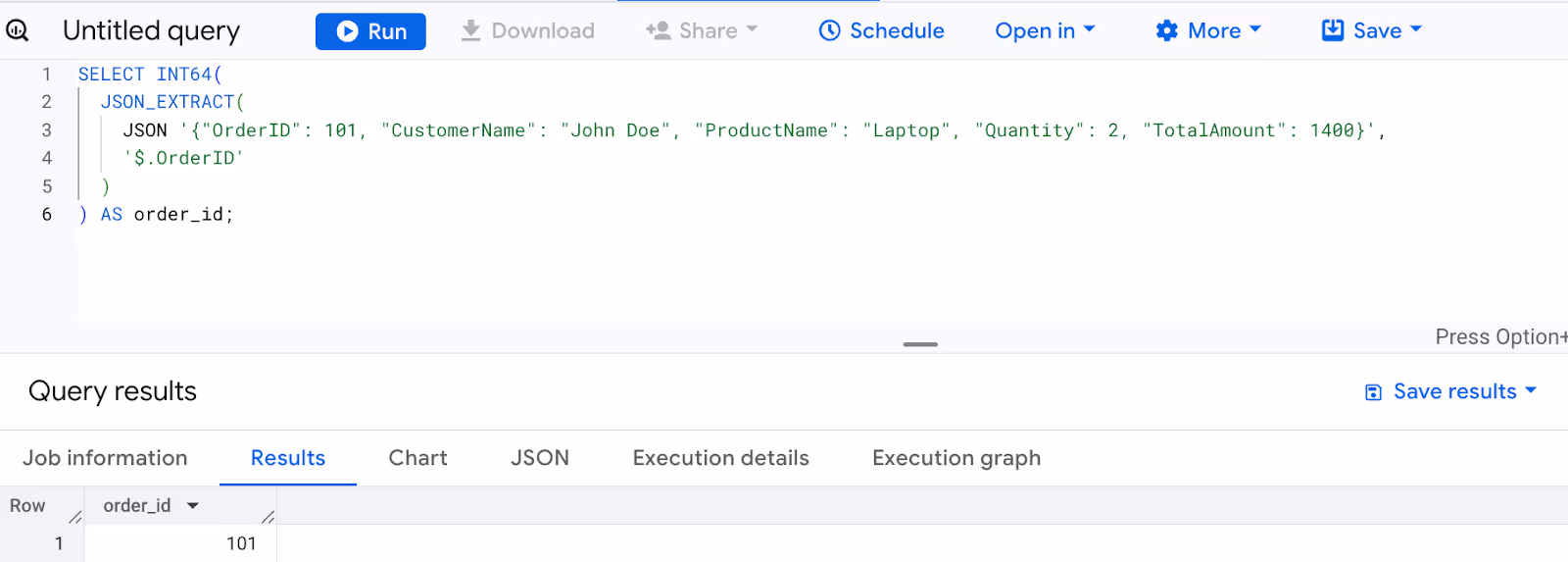 Converting the OrderID field from a JSON object to an INT64 value using the INT64 function in BigQuery. i-shadow