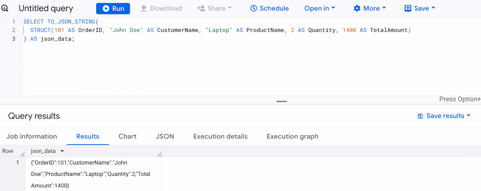 Transforming structured data into a JSON-formatted string using the TO_JSON_STRING function in BigQuery. i-shadow