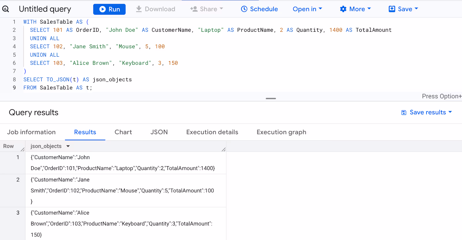 Converting structured SQL rows into JSON objects using the TO_JSON function in BigQuery. i-shadow