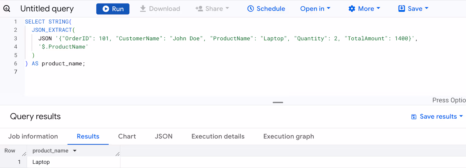 Extracting and converting the ProductName field from a JSON object to a SQL string using the STRING function in BigQuery. i-shadow