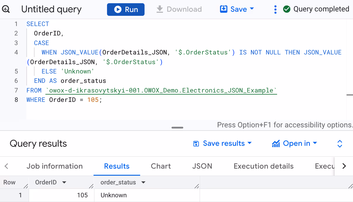 Using a CASE statement in BigQuery with the JSON_VALUE function to check for and return the OrderStatus field from a JSON object. i-shadow