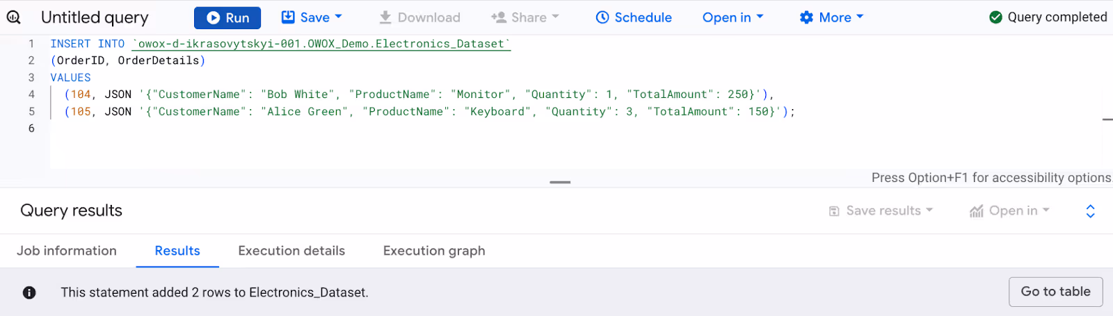 Storing JSON-formatted order details into a BigQuery table using the INSERT INTO query. i-shadow