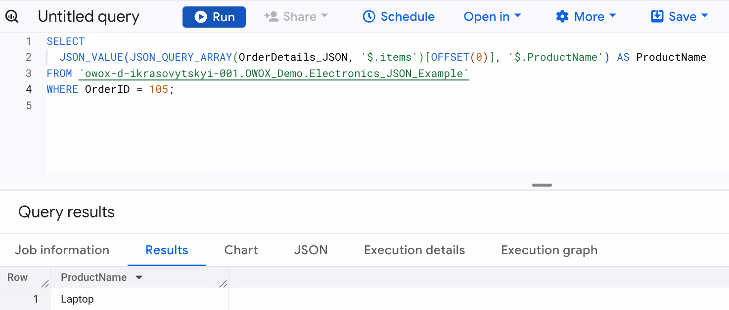 Extracting the "items" array from a JSON field in a BigQuery table using the JSON_QUERY_ARRAY function. i-shadow