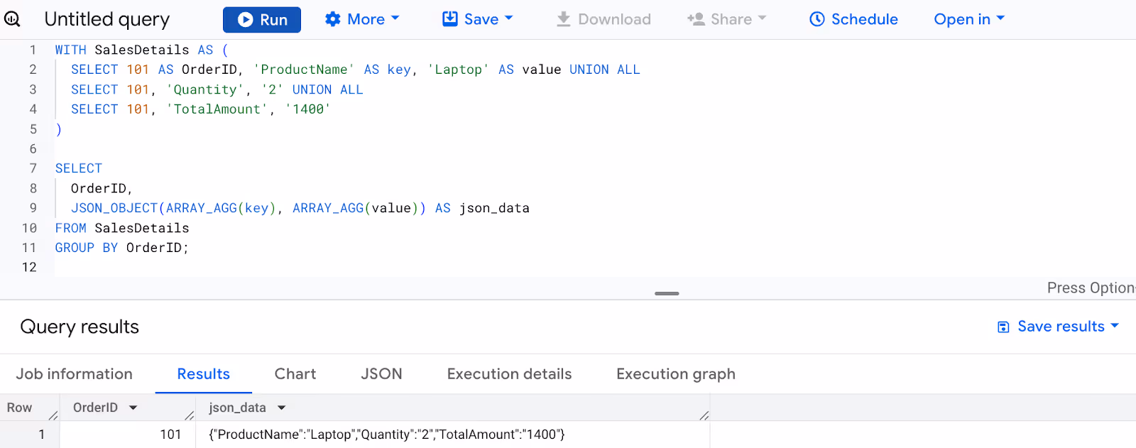 Converting schematized order details into JSON objects using the JSON_OBJECT function in BigQuery. i-shadow
