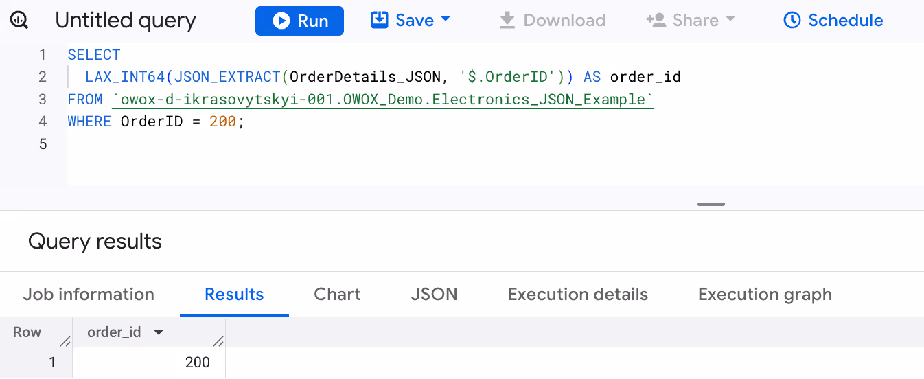 Using the LAX_INT64 function in BigQuery to convert a string-encoded OrderID into an INT64 value from JSON data. i-shadow
