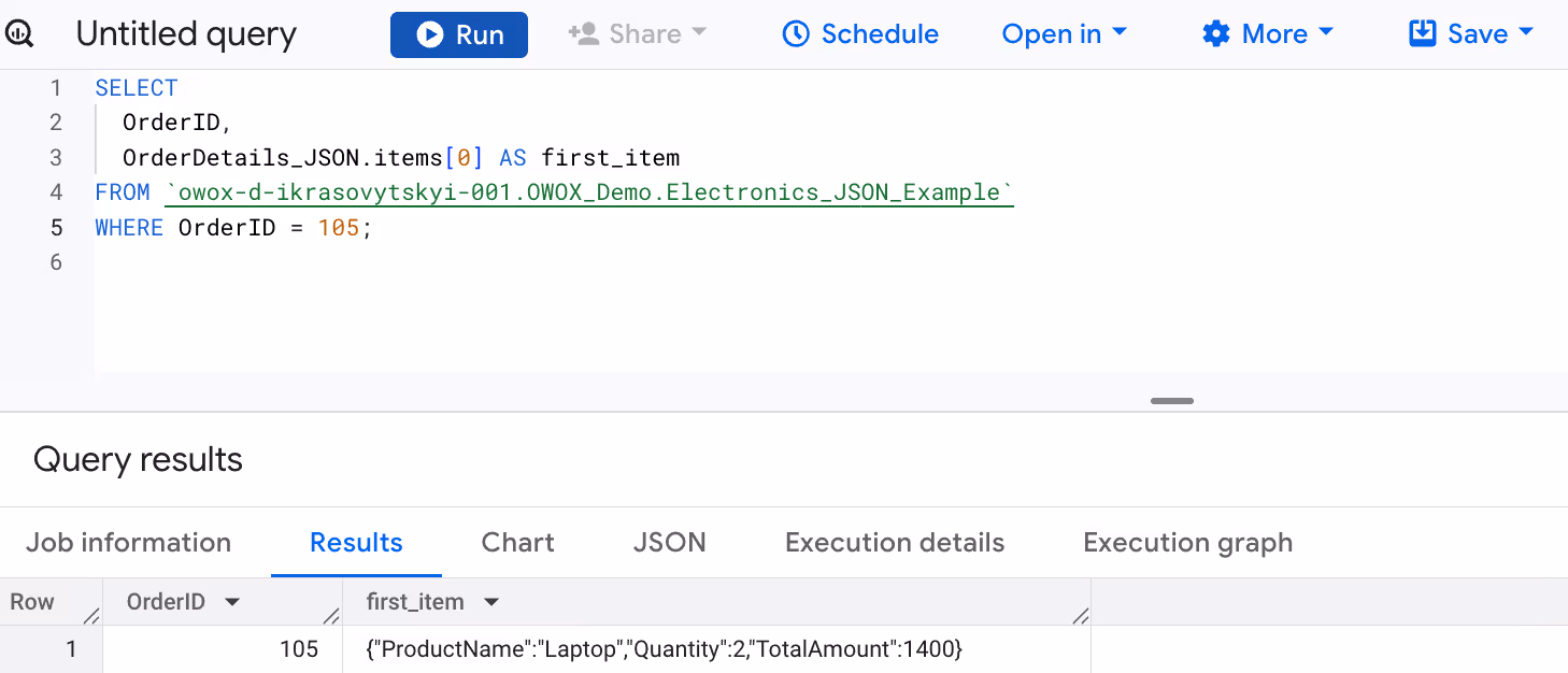 Extracting the first item from a JSON array using the subscript operator in BigQuery. i-shadow