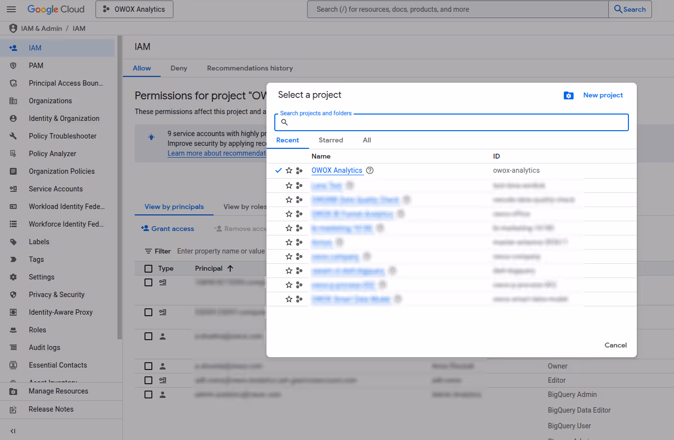 Project selection window in Google Cloud IAM showing a list of recent projects including OWOX Analytics. i-shadow