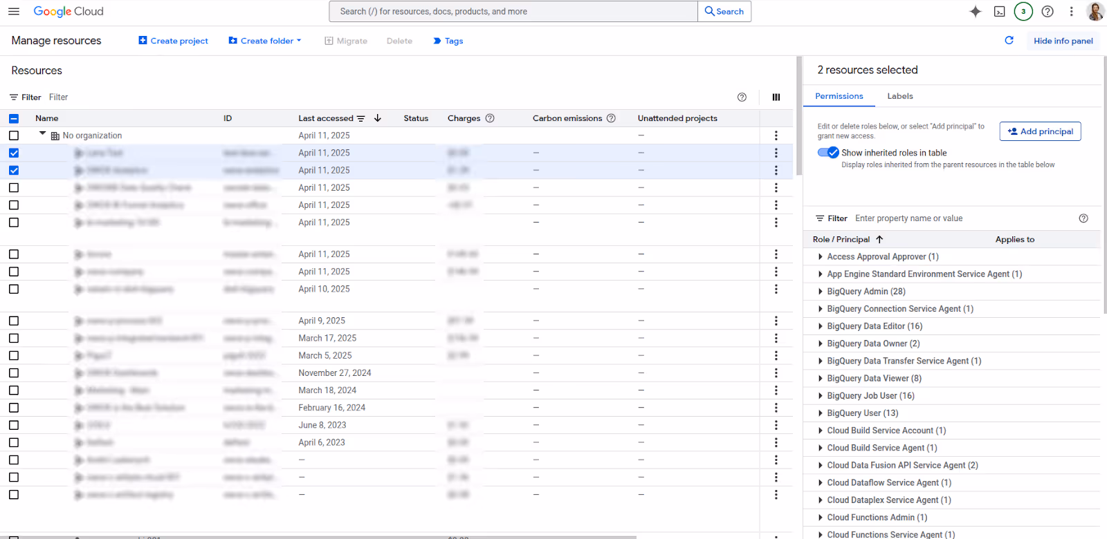 Resources page in Google Cloud with two projects selected and permissions panel showing inherited roles. i-shadow