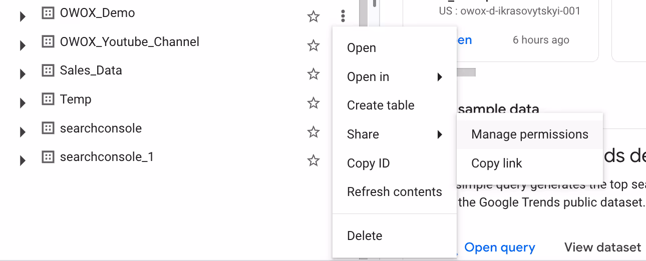 Context menu on a BigQuery dataset showing options including Manage permissions and Copy ID. i-shadow