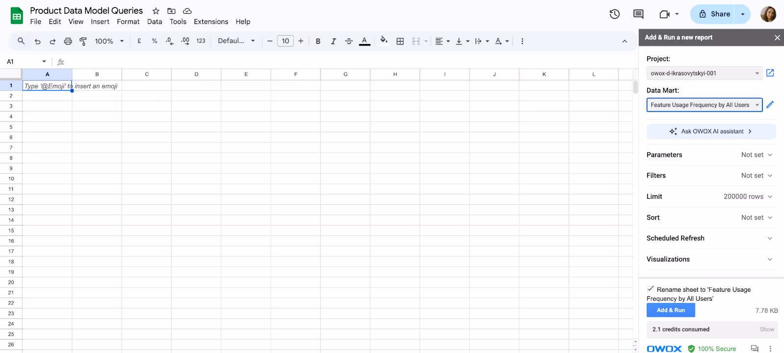 Google Sheet setup showing the creation of a report for feature usage frequency by all users with options to customize parameters, filters, and scheduled refresh. i-shadow