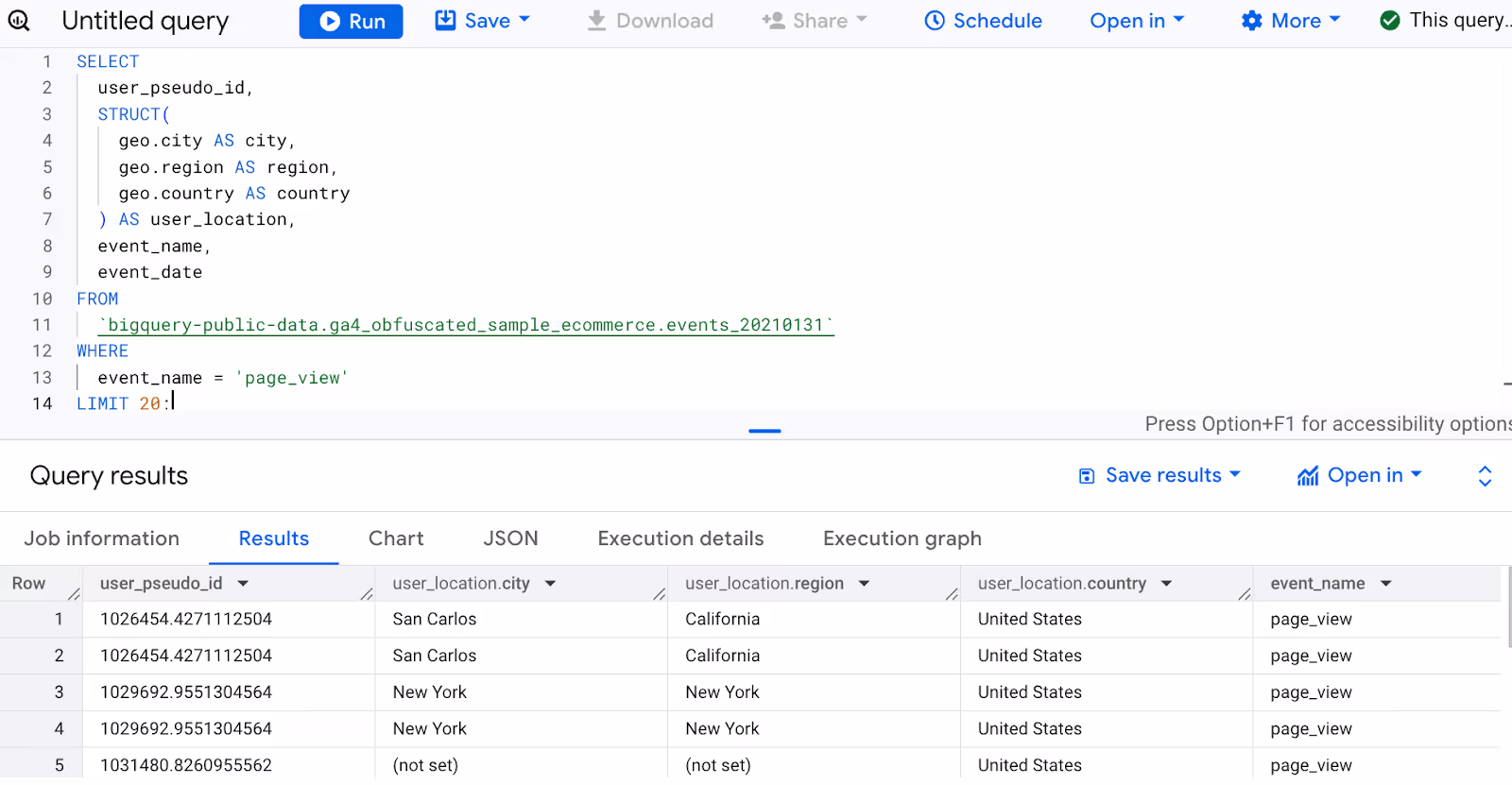 BigQuery SQL query using STRUCT to group geo fields (city, region, country) into a single user_location entity for better data organization.‍ i-shadow