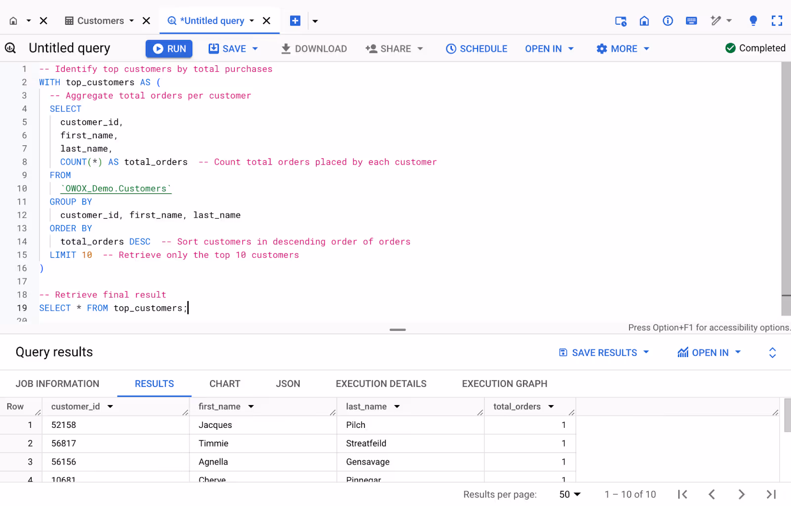 Example of adding comments in between SQL syntaxes for clarity in BigQuery. i-shadow