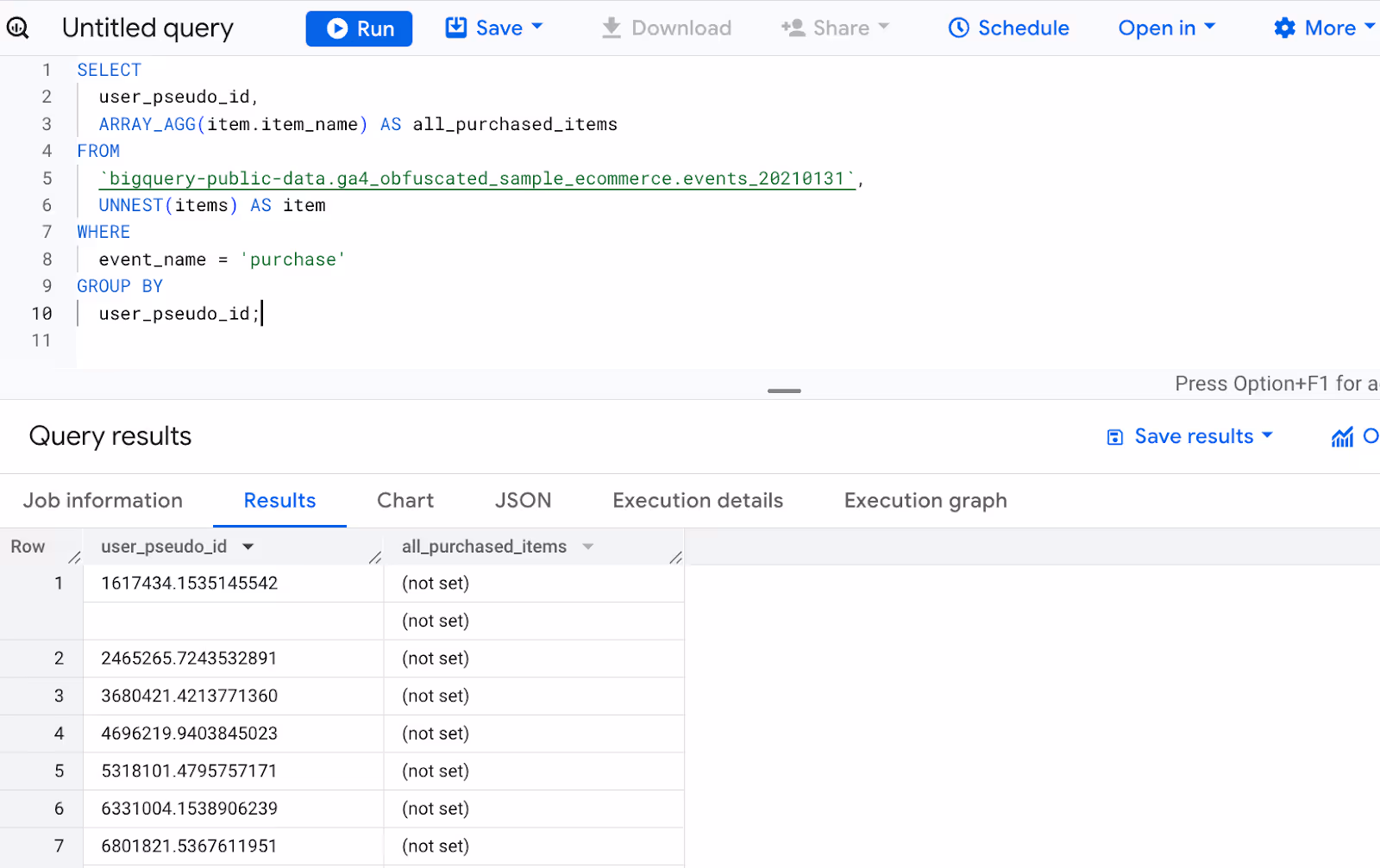 BigQuery query using ARRAY_AGG and UNNEST to collect all purchased item names per user from GA4 ecommerce events. i-shadow