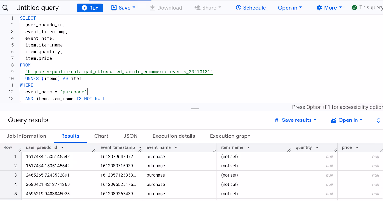 BigQuery query flattening the items field from GA4 purchase events using UNNEST to extract product-level details like item name, quantity, and price. i-shadow