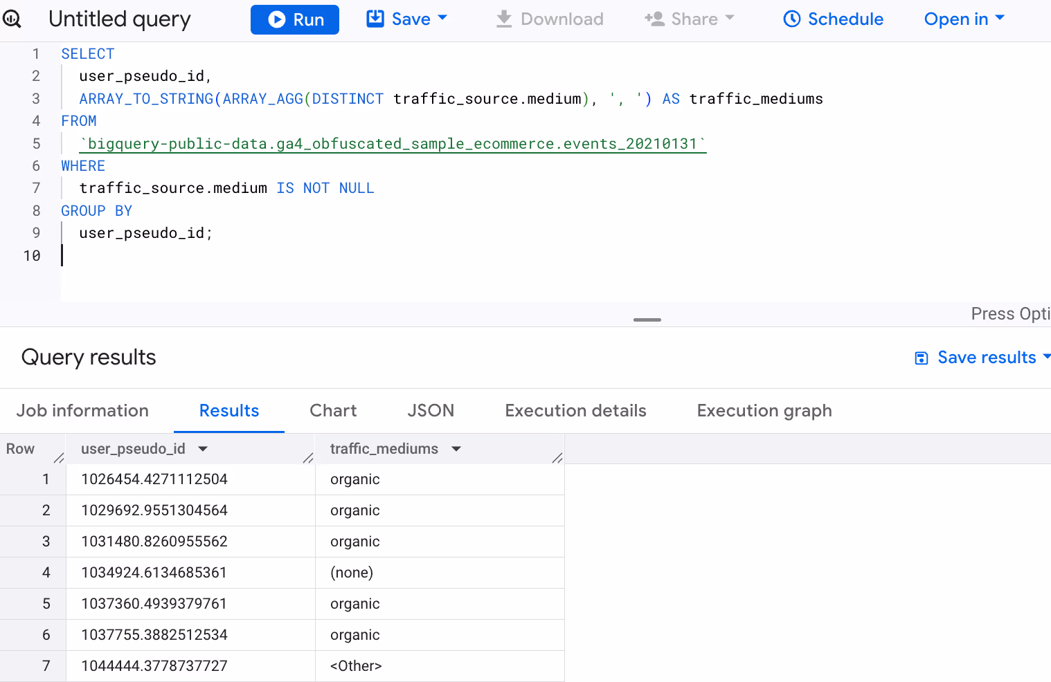 BigQuery query using ARRAY_AGG and ARRAY_TO_STRING to list all traffic mediums per user from GA4 export data. i-shadow