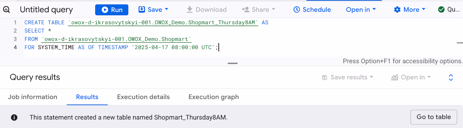 Using FOR SYSTEM_TIME AS OF in BigQuery to create a backup of table data from a specific time. i-shadow