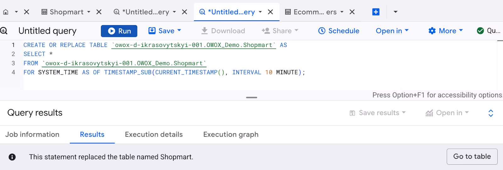 Using FOR SYSTEM_TIME AS OF in BigQuery to restore table data from a past point in time, provided the table still exists. i-shadow