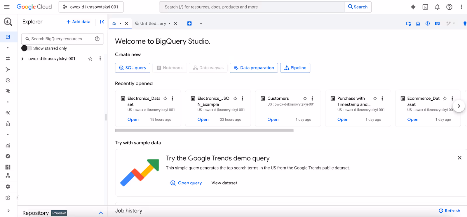 BigQuery Studio with recent datasets listed and an option to try the Google Trends demo query. i-shadow