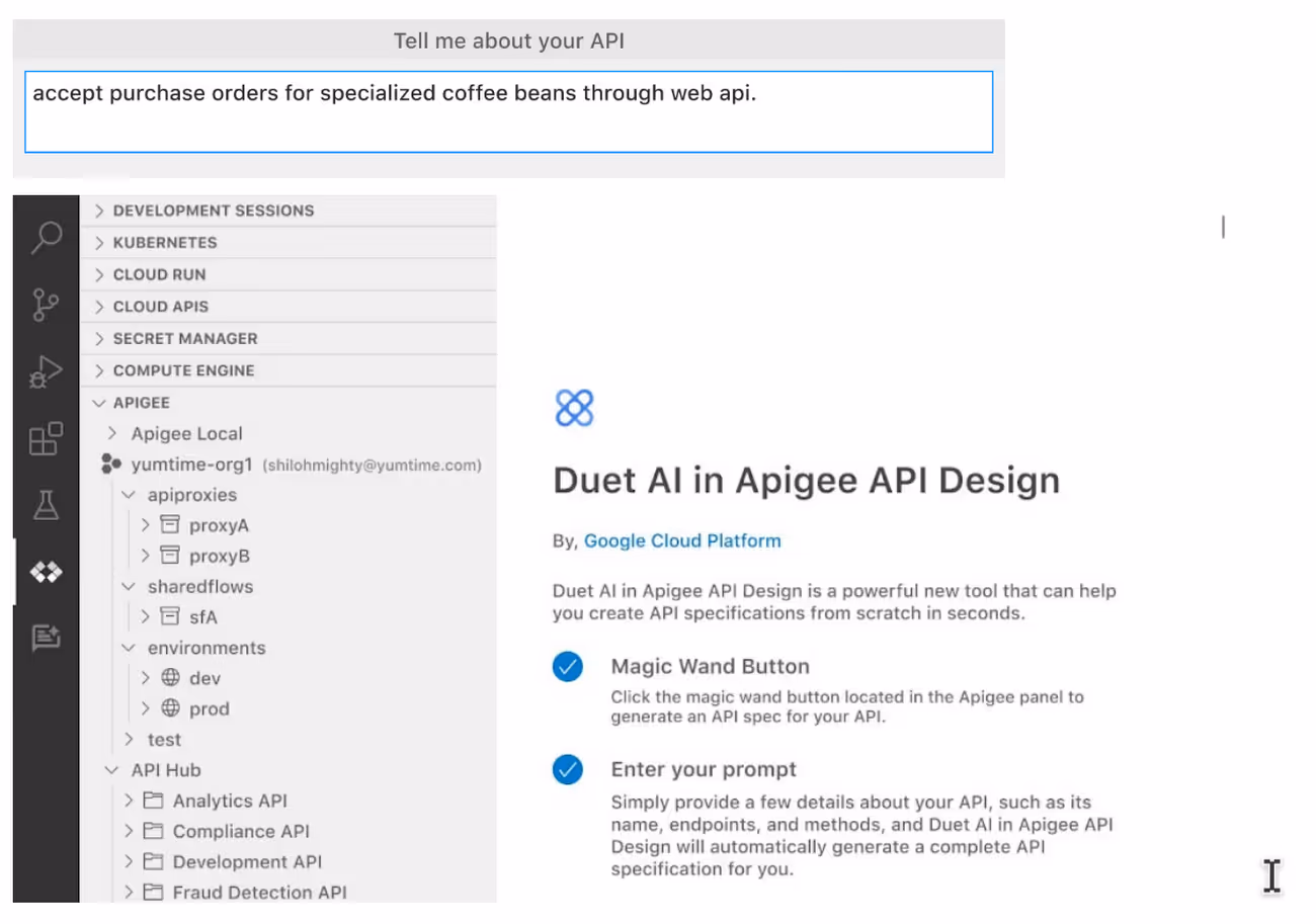 Duet AI used to create an API for purchase orders, with Apigee project sidebar. i-shadow