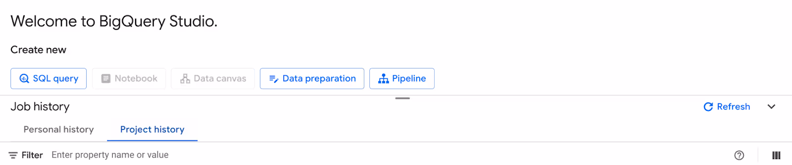 BigQuery Studio with job history tabs and buttons to create queries or pipelines. i-shadow
