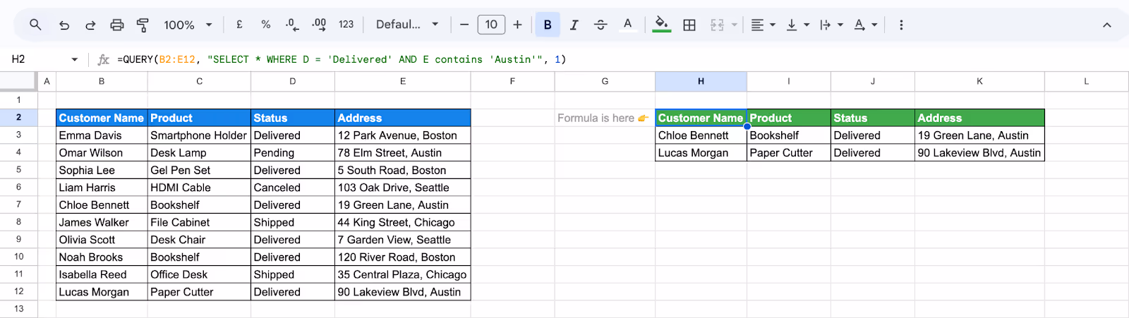 Using QUERY with multiple conditions in Google Sheets to filter data based on matching text values across different columns. i-shadow