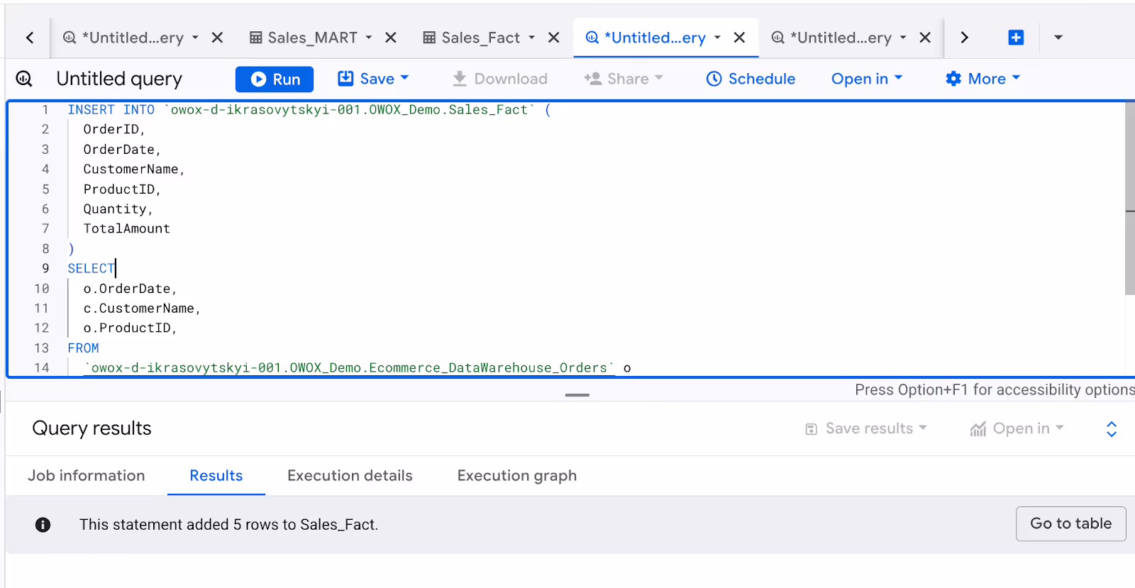 SQL query populating the Sales_Fact table by extracting sales data for reporting. i-shadow
