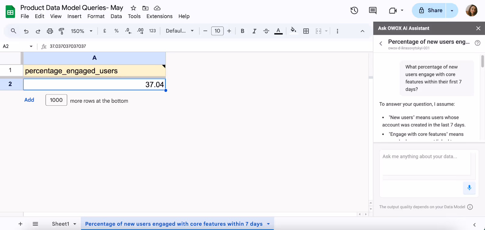 Google Sheets table showing the percentage of new users who engaged with core features in their first 7 days, using total user and engagement counts in OWOX Reports AI Assistant. i-border